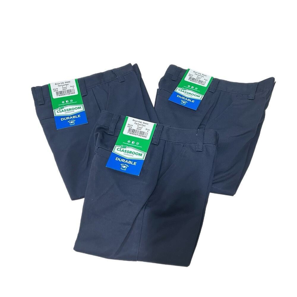 Lot Of 3 Classroom School Uniforms Boys Adj Waist Flat Front Navy Size 4 NWT